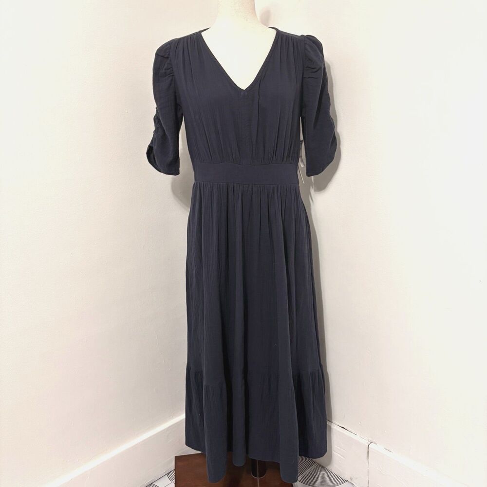 NWT Caslon Blue Puff Sleeve Ruffle Hem Gauze Maxi 100% Cotton Dress Sz M - Picture 2 of 8